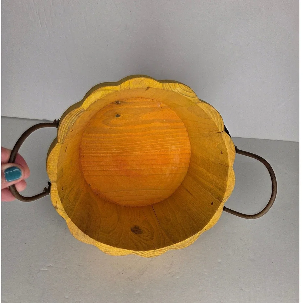 Pier 1 Rustic Wooden Pumpkin Bowl Scalloped Edge Metal Handles Harvest Fall